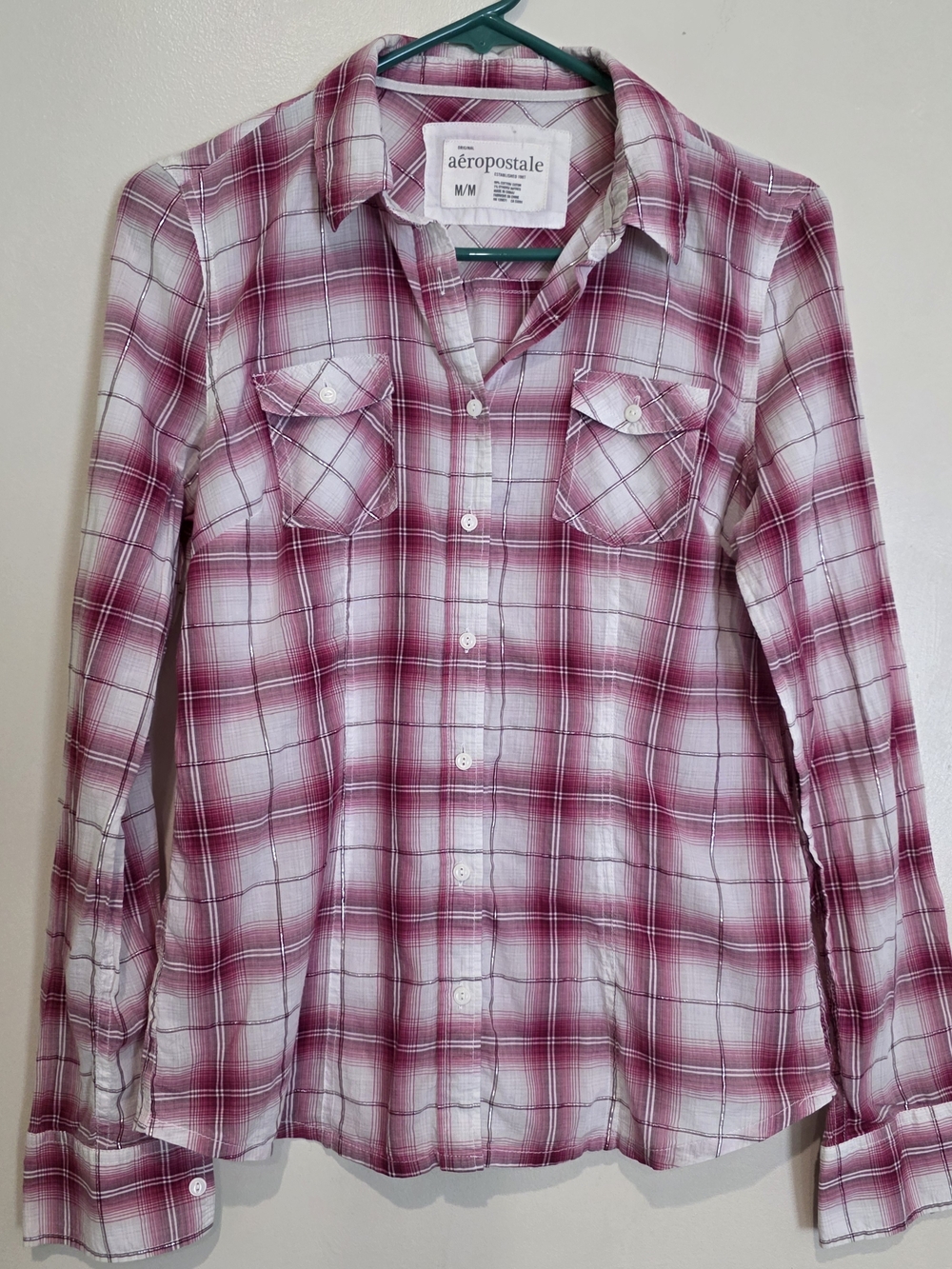 Aéropostale Pink/Burgandy Plaid Button-Up Shirt Shimmer Casual Cotton